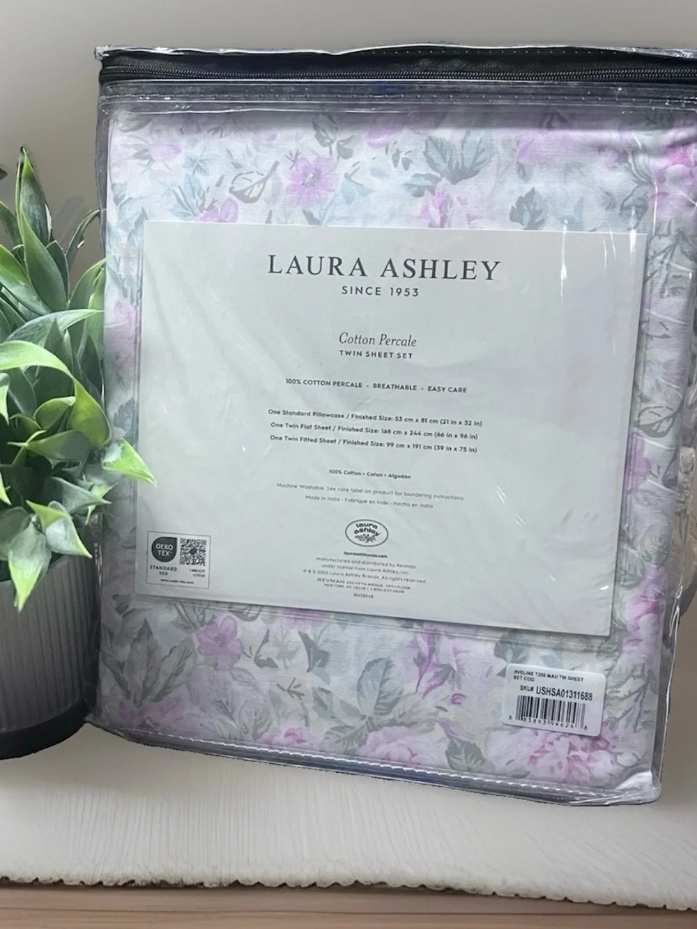 NEW Laura Ashley Twin Size AVELINE PINK FLORAL Sheet Set -  100% Cotton Percale